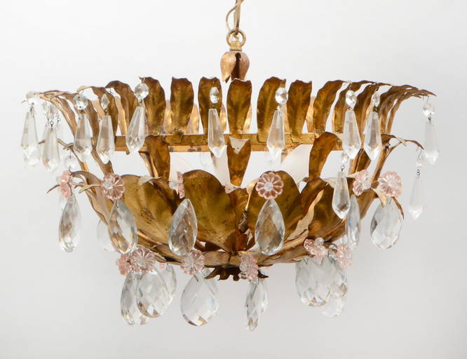 Gilt Metal & Cut Glass Three Light Ceiling Fixture