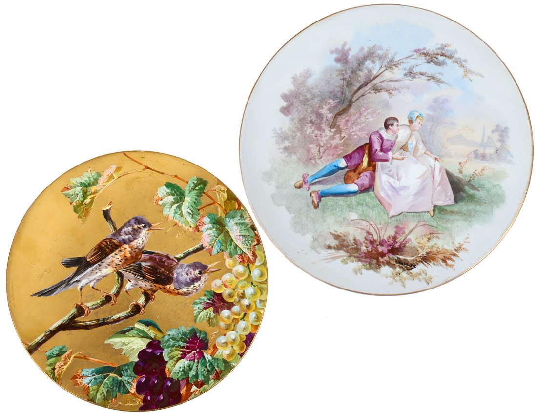 TWO FRENCH PAINTED PORCELAIN CHARGERS (1 of 3)