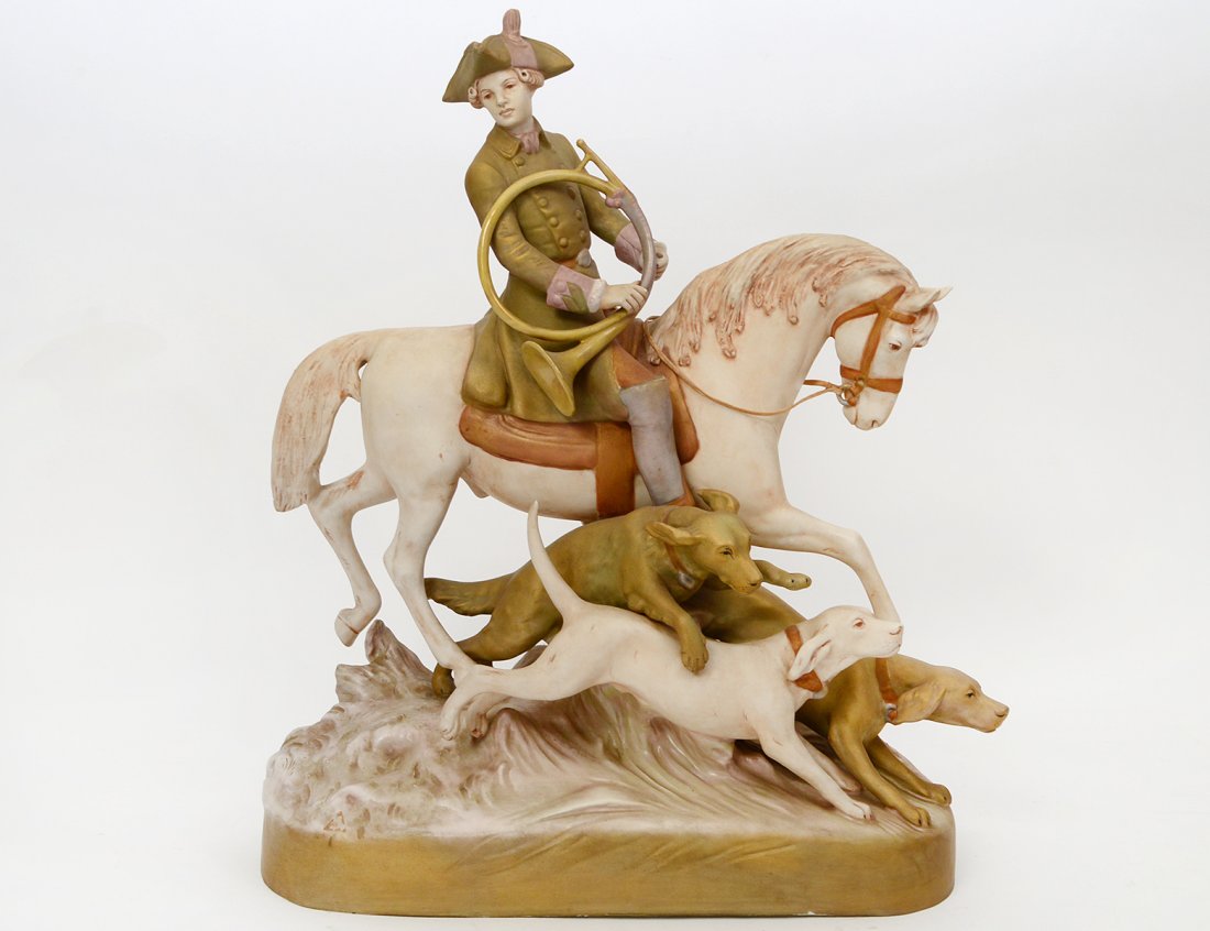 ROYAL DUX GROUP: Of a mounted hunter and two dogs. Signed. Height 20". Width 18". (Cond: rider missing crop) (150/200)