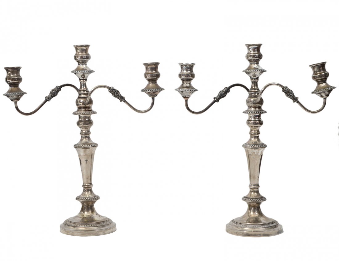 PAIR OF THREE LIGHT SILVER PLATE CANDELABRAS (1 of 5)
