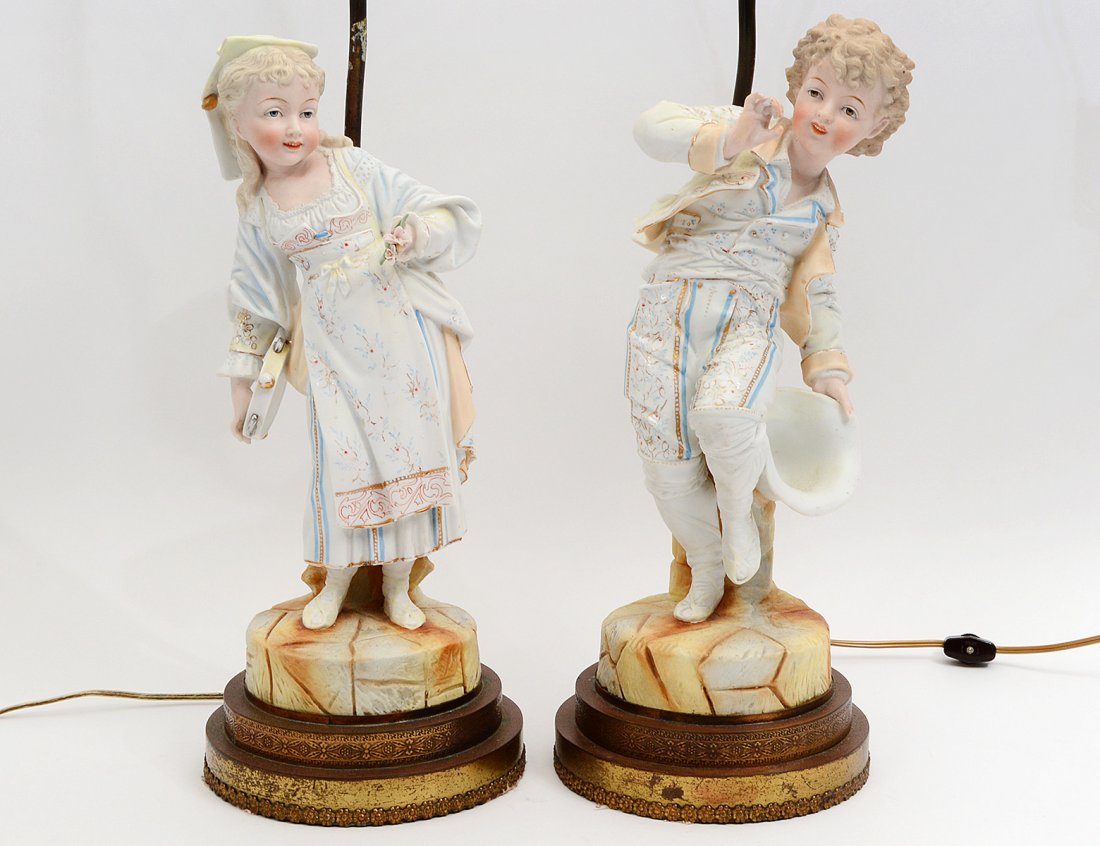 PAIR OF CONTINENTAL BISQUE PORCELAIN FIGURAL LAMPS (1 of 6)