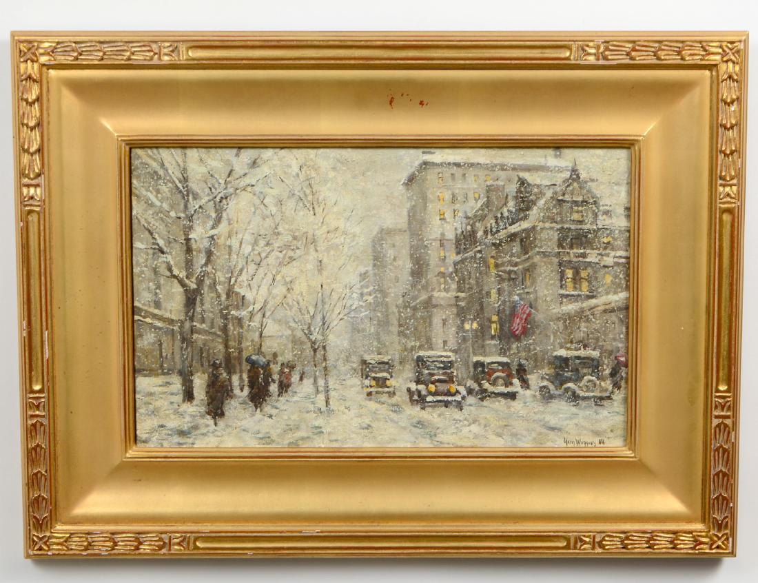 GUY CARLETON WIGGINS (American. 1883-1962): “Snow Storm at Fifth Avenue”. Signed l/r. Oil on Canvas. Measuring 12 1/2” by 19-7/8”. Framed. (Cond: good) (10000/15000)