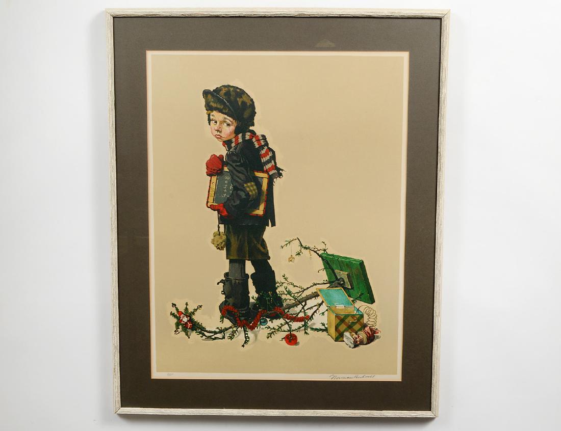 NORMAN ROCKWELL (American. 1894-1978): “After Christmas”. Signed l/r. Color Lithograph. Measuring 26” by 19 7/8”. Framed under Plexiglas. (Cond: good) (600/800)