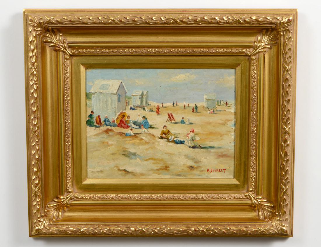 ANDRE CHALET (French. Born 1954): “Beach Landscape”. Signed l/r. Oil on Canvas Laid to Board. Measuring 8 1/2” by 12”. Framed. (Cond: good) (600/800)