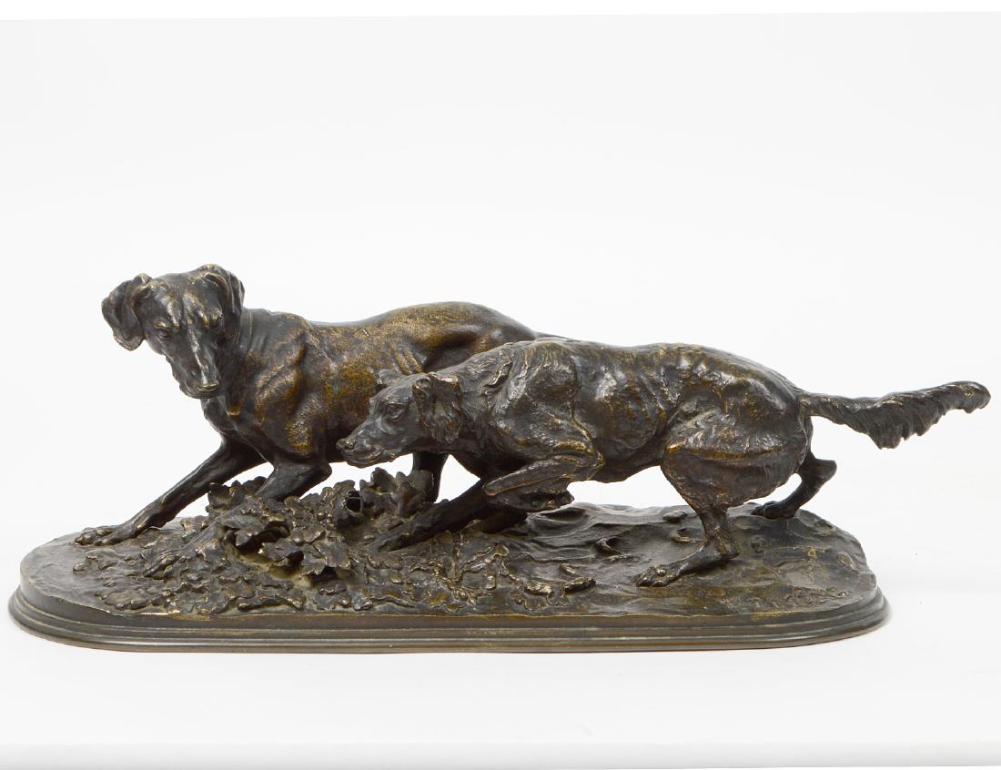 PIERRE JULES MENE (French. 1810-1879): Patinated Bronze of Two Dogs. The oval base incised P.J. Mene. Length 16”. (Cond: good wear, color and patina) (500/700)