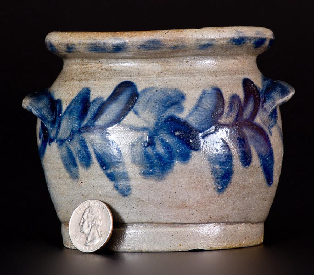 Very Rare Remmey, Philadelphia Stoneware Sugar Bowl,: Very Rare Cobalt-Decorated Stoneware Sugar Bowl, incised on underside "J. CHARD," attributed to the Remmey Pottery, Philadelphia, PA, circa 1860, squat, ovoid jar with foot, flaring rim, and tab handl