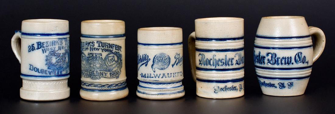 Five Breweriana Stoneware Mugs, attrib. to the Whites (1 of 1)