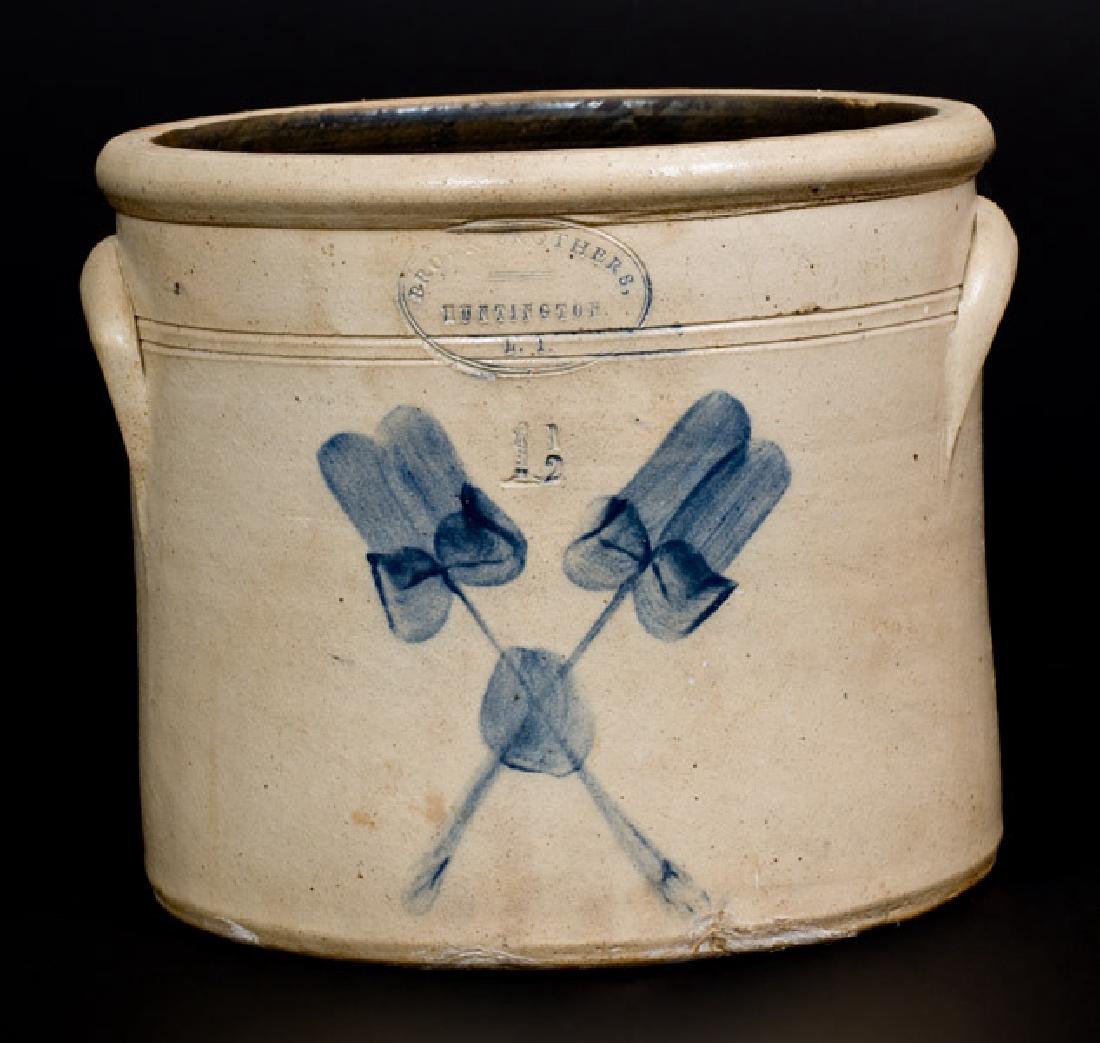 BROWN BROS. / HUNTINGTON / L.I. Stoneware Crock with: One-and-a-Half-Gallon Stoneware Crock with Cobalt Floral Decoration, Stamped "BROWN BROTHERS / HUNTINGTON / L.I.", New York State origin, circa 1885-1905, cylindrical crock with tooled shoulder, semi-