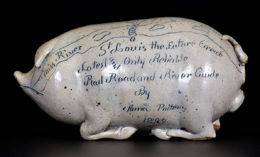 Very Fine ANNA POTTERY / 1889 Stoneware Pig Flask w/: Very Fine Cobalt-Decorated Stoneware Pig Flask with Incised Railroad Map, Inscribed "St. Louis the future Great / Latest and Only Reliable / Rail Road and River Guide / By / Anna Pottery / 1889",