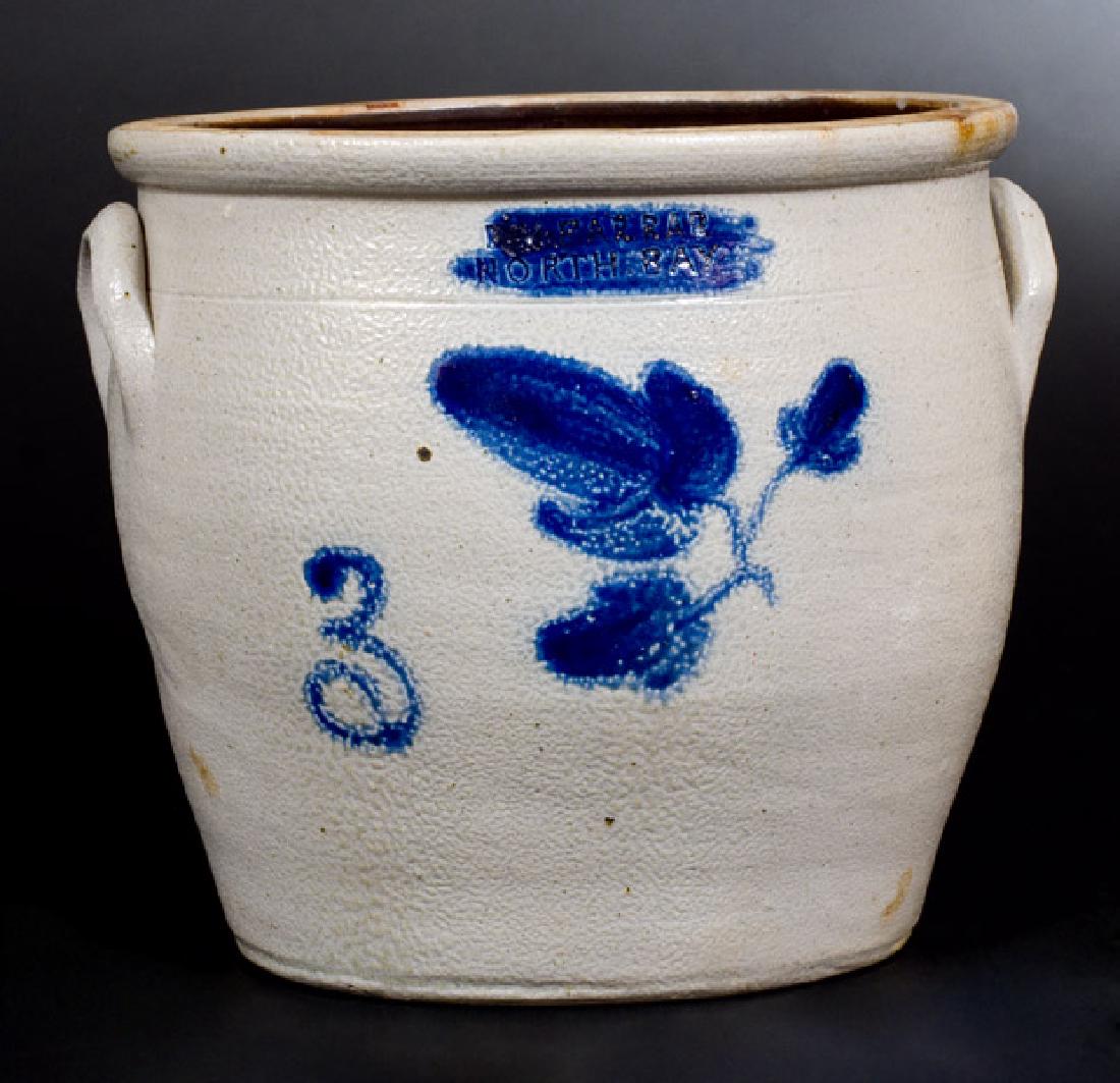 3 Gal. E. H. FARRAR / NORTH BAY Stoneware Jar with: Three-Gallon Stoneware Jar with Cobalt Floral Decoration, Stamped "E.H. FARRAR / NORTH BAY", New York State origin, circa 1851, ovoid jar with tooled shoulder, semi-rounded rim, and applied lug handle