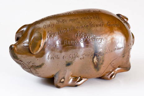 Rare Anna Pottery Stoneware Pig Flask with Incised: Rare Stoneware Pig Flask with Incised Poem, Inscribed "By Anna Pottery" and Dated "1880", Wallace and Cornwall Kirpatrick, Anna, IL, 1880, molded flask in the form of a reclining pig with incised deta