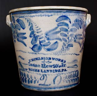 Exceptional Isaac Hewitt, Jr. / Rices Landing, PA: Outstanding and Important Twenty-Gallon Tapered Stoneware Pot with Profuse Freehand Cobalt Decoration, Stenciled "EXCELSIOR WORKS / Isaac Hewitt, Jr. / RICES LANDING, PA", circa 1875, exceptionally la