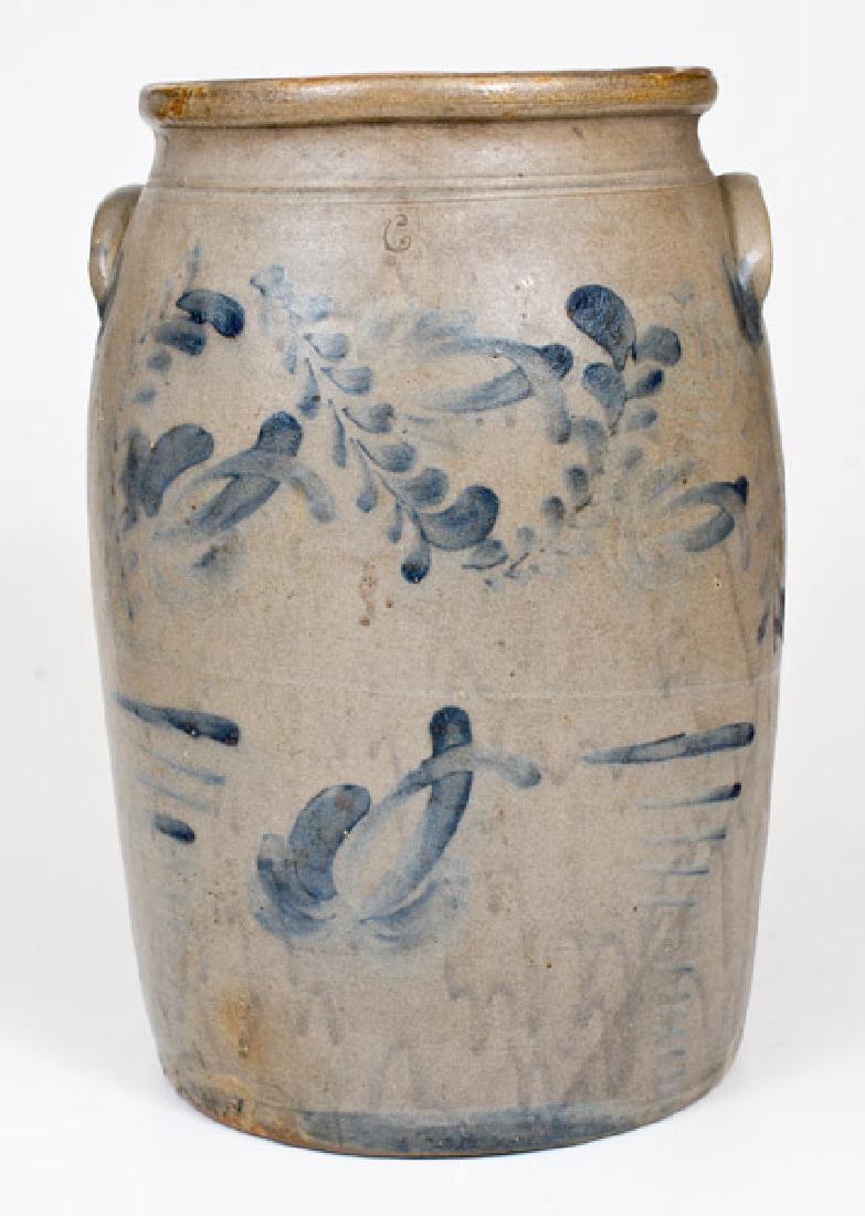 Six-Gallon Stoneware Jar with Cobalt Floral Decoration,: Six-Gallon Stoneware Jar with Cobalt Floral Decoration, Beaver, PA origin, circa 1865, semi-ovoid jar with tooled shoulder, semi-rounded, and applied lug handles, the surface covered in a streaky slip
