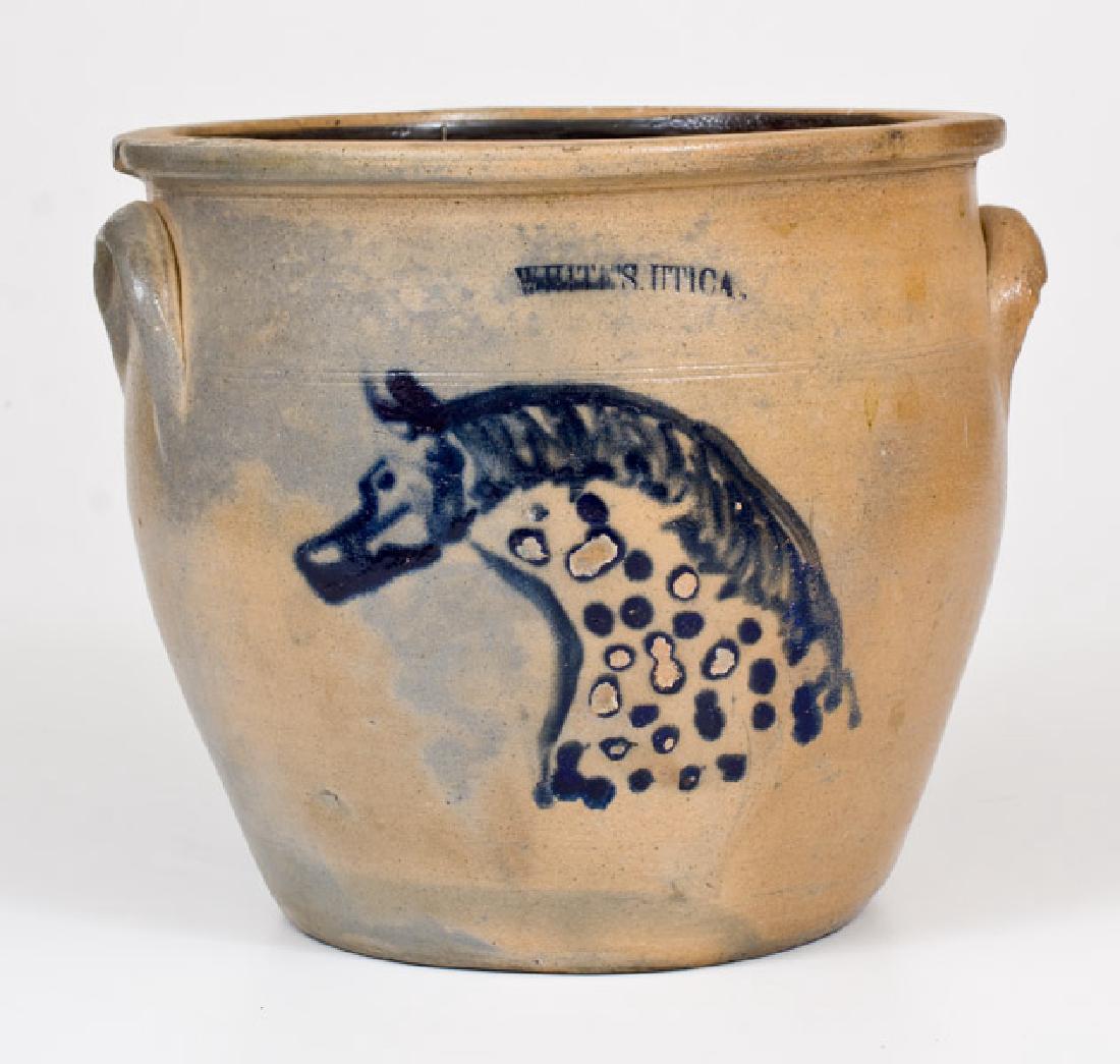 Very Rare WHITES UTICA Stoneware Cream Jar with Horse: Extremely Rare One-Gallon Stoneware Cream Jar with Cobalt Horse Head Decoration, Stamped "WHITES UTICA," New York State origin, circa 1865, ovoid jar with tooled shoulder, flatttened rim, and applied