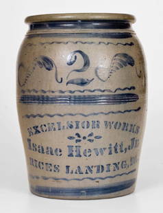 Fine EXCELSIOR WORKS / Isaac Hewitt, Jr. / RICES: Fine Two-Gallon Stoneware Jar with Elaborate Cobalt Decoration, Stenciled "EXCELSIOR WORKS / Isaac Hewitt, Jr. / RICES LANDING, PA.", circa 1875, semi-ovoid jar with combed midsection, tooled shoulder