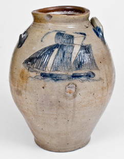 Stoneware Jar w/ Exceptional Incised Ship, probably: Outstanding Three-Gallon Stoneware Jar with Large Incised Sailing Ship Decoration, probably Middlesex County, NJ origin, circa 1820's, highly-ovoid jar with tooled shoulder, an applied lug handle, and