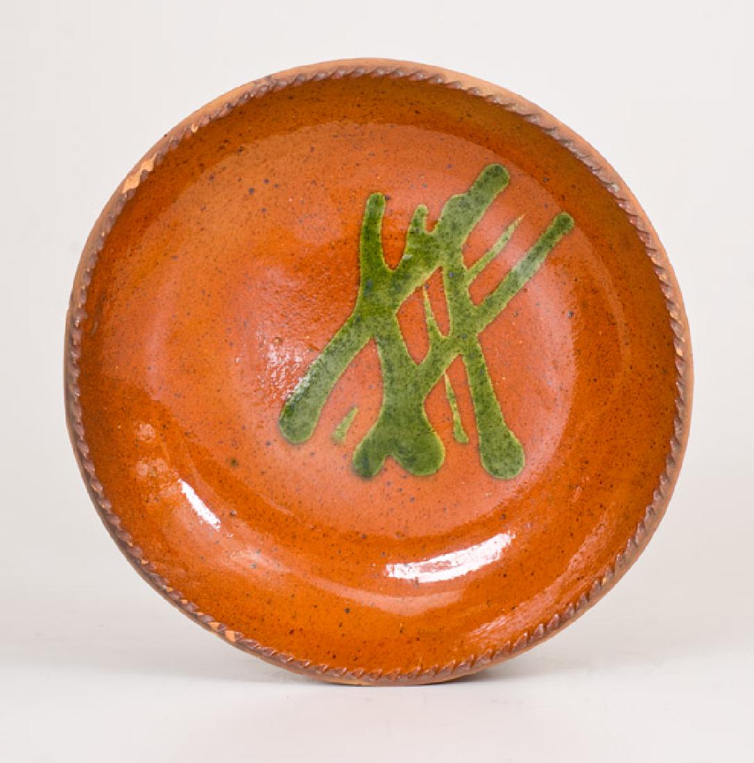 Redware Plate w/ Crisscrossed Copper Slip Design, (1 of 1)