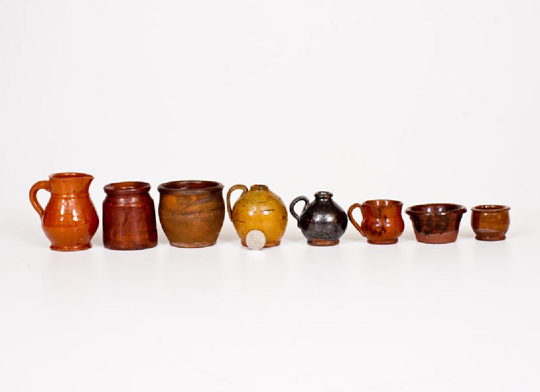 Lot of Eight: Miniature Redware Jars, Jugs, and Pans (1 of 3)