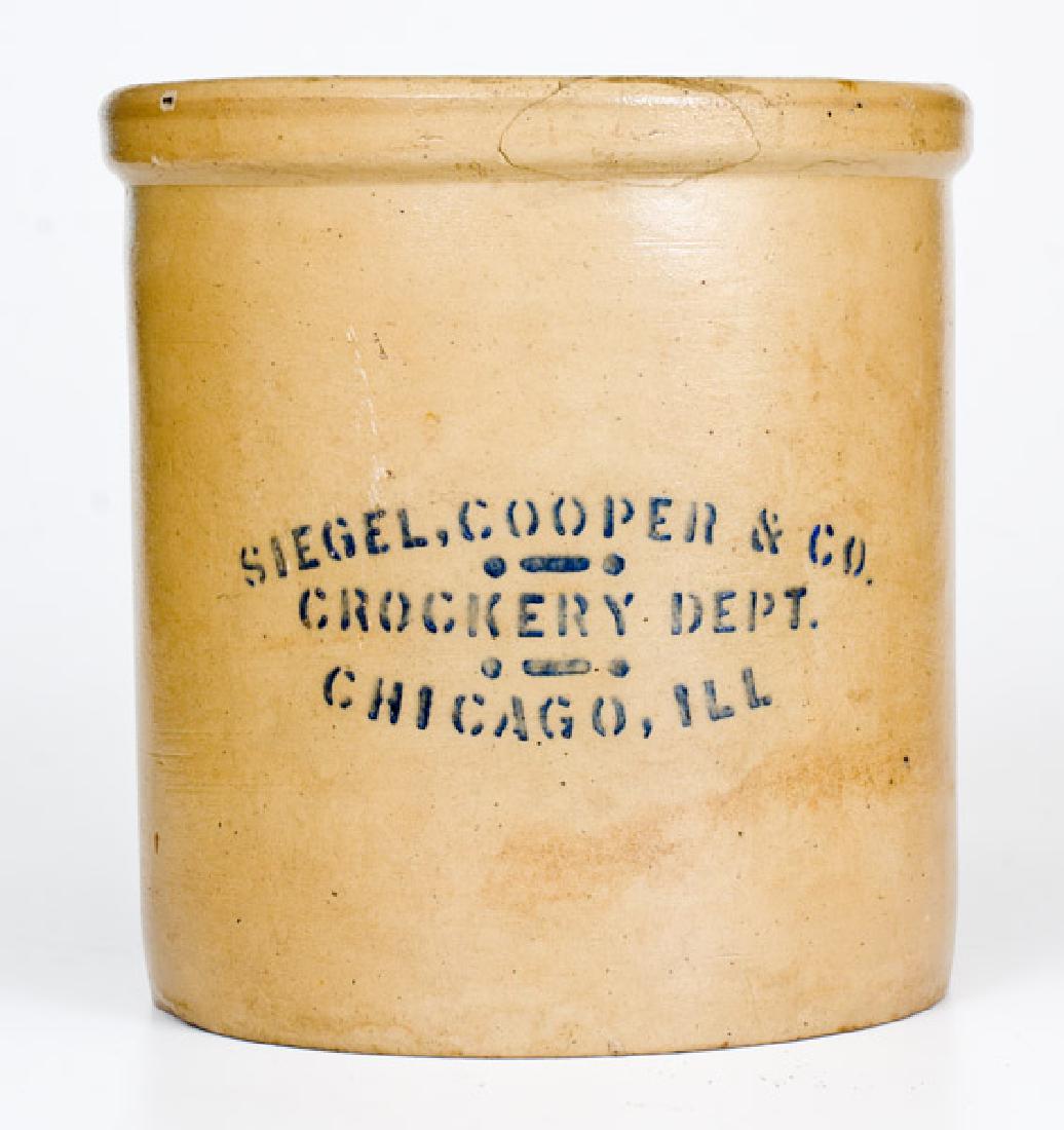 Rare Red Wing SIEGEL, COOPER & CO. / CROCKERY DEPT /: Rare One-Gallon Cobalt-Decorated Stoneware Crock with Chicago, IL Advertising, Embossed "MINNESOTA STONEWARE CO RED WING MINN", late 19th century, cylindrical crock with semi-squared rim, the front st