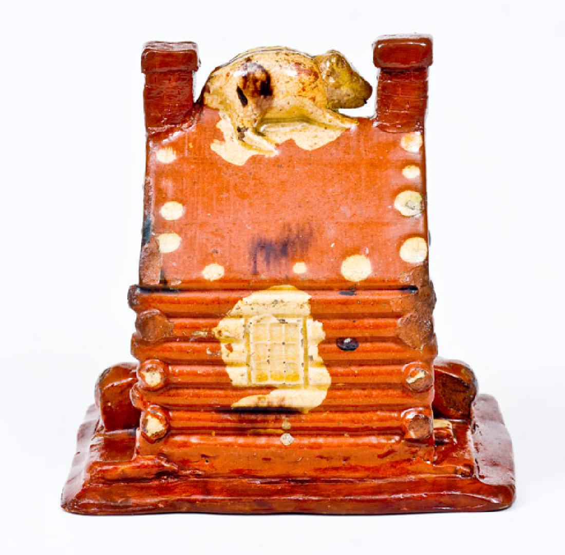 Very Rare Redware Log Cabin Bank, Thomas Haig, (1 of 5)