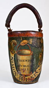 1815 American Leather Fire Bucket, probably Boston: Painted Leather Fire Bucket, American, probably Boston, MA, Dated 1815, with original painted surface, depicting an a arm grasping a fire bucket, inscribed "FRIENDS / PUBLICK / 1815", and the name, "S