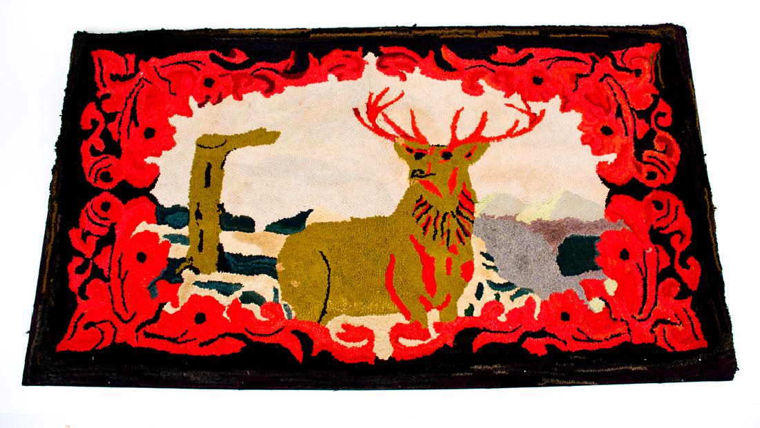 Large-Sized Wool Hooked Rug with Stag Design (1 of 1)