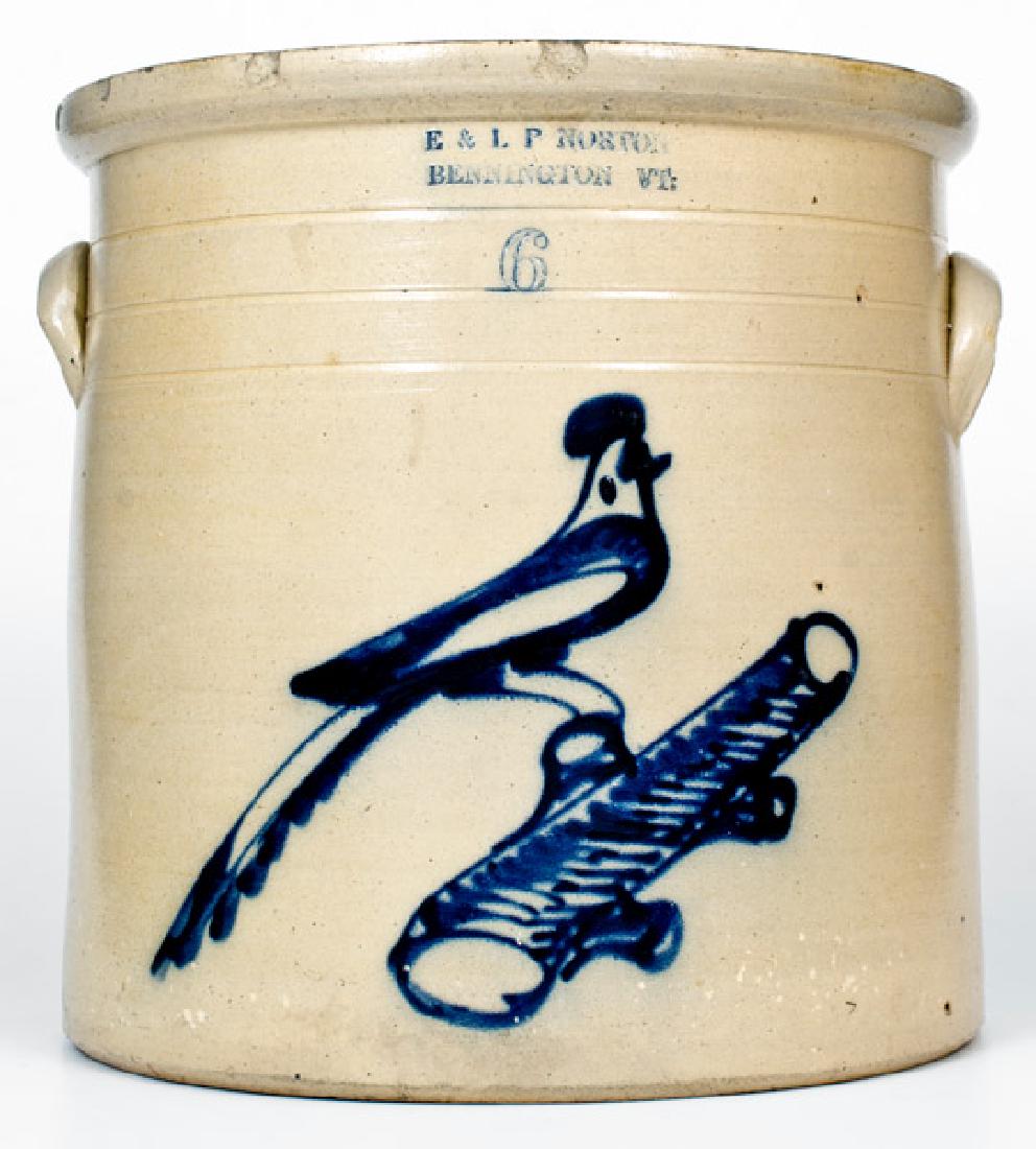 6 Gal. E. & L. P. NORTON / BENNINGTON, VT Stoneware: Fine Six-Gallon Stoneware Crock with Bold Cobalt Bird-on-Log Decoration, Stamped "E. & L.P. NORTON / BENNINGTON, VT", circa 1870, cylindrical crock with tooled shoulder, semi-rounded rim, and applied