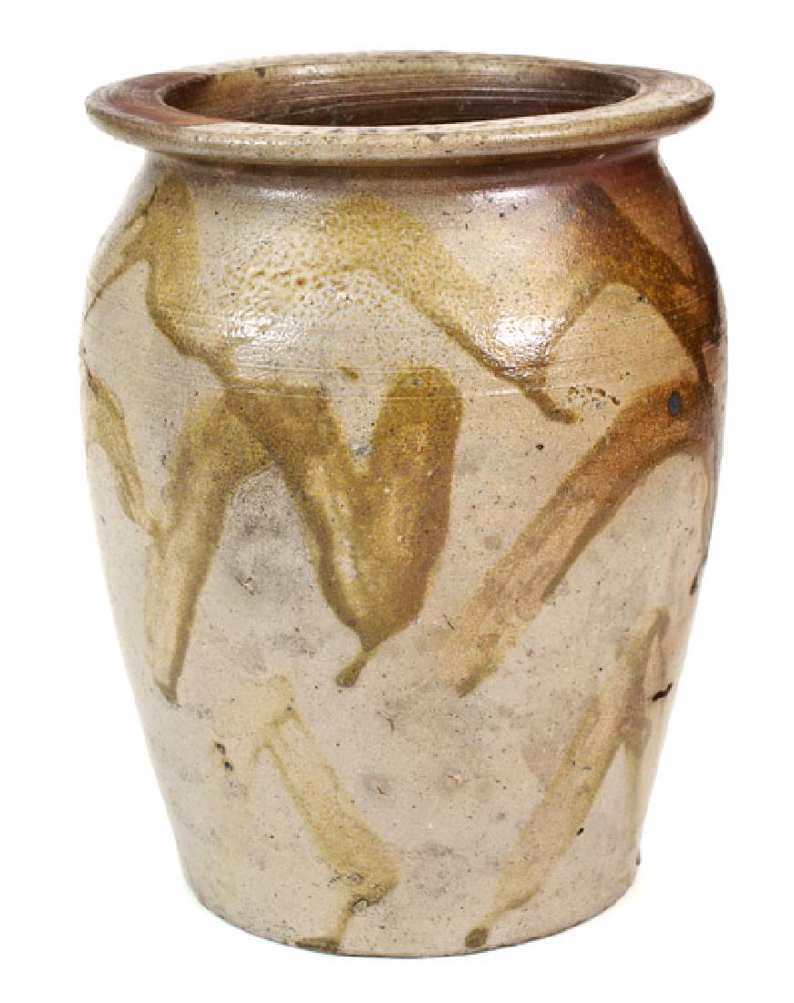 Unusual North Carolina Stoneware Jar with Manganese: Rare One-Gallon Stoneware Jar with Brown Slip Decoration, NC origin, probably Craven Family, fourth quarter 19th century, ovoid jar with tooled shoulder and flattened rim, heavily-decorated in brownis