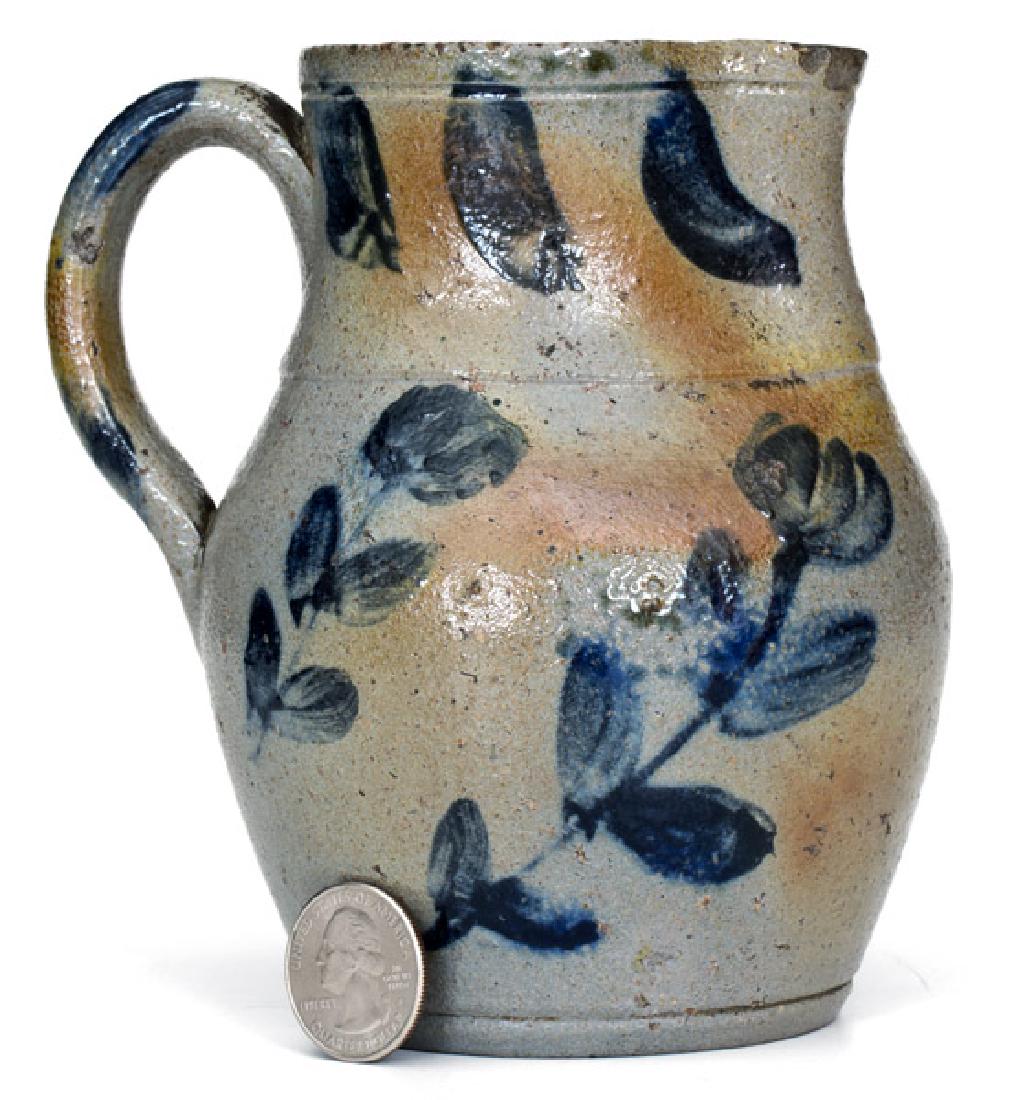 Exceptional JOHN BELL / WAYNESBORO Miniature Stoneware: Exceptional Small-Sized Stoneware Pitcher with Cobalt Floral Decoration, Stamped "JOHN BELL / WAYNESBORO'", attributed to Charles Frederick Bell at the John Bell Pottery, Waynesboro, PA, circa 1857, o