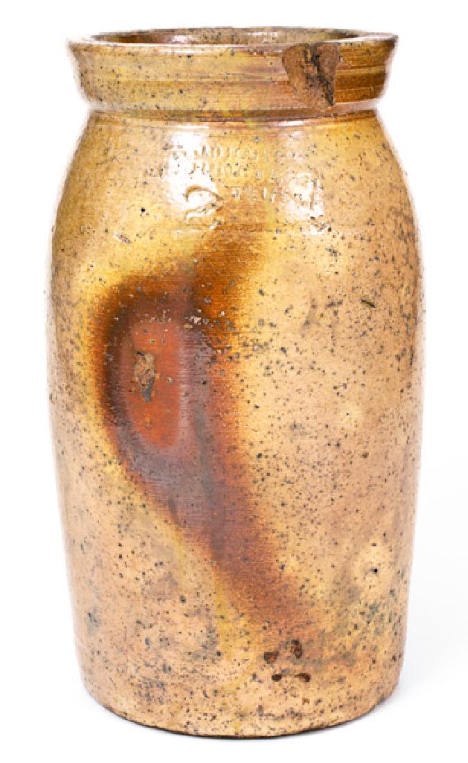 Very Rare Johnson / Grand Junction, Tennessee Stoneware: Extremely Rare Two-Gallon Stoneware Jar Stamped "D.T. JOHNSON / GRAND JUNCTION / TENN", TN origin, circa 1875, cylindrical jar with rounded shoulder and thick, slightly-flared rim with flange on inter
