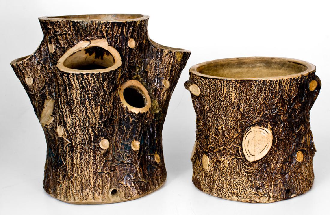 Lot of Two: Rustic Stoneware Planters (One Marked F. B.: Two Rustic Stoneware Planters, One Marked "F.B. NORTON & CO. / WORCESTER, MASS.", circa 1875, both in the form of a tree stump, the larger example with brown-and-green slip decoration under salt glaze