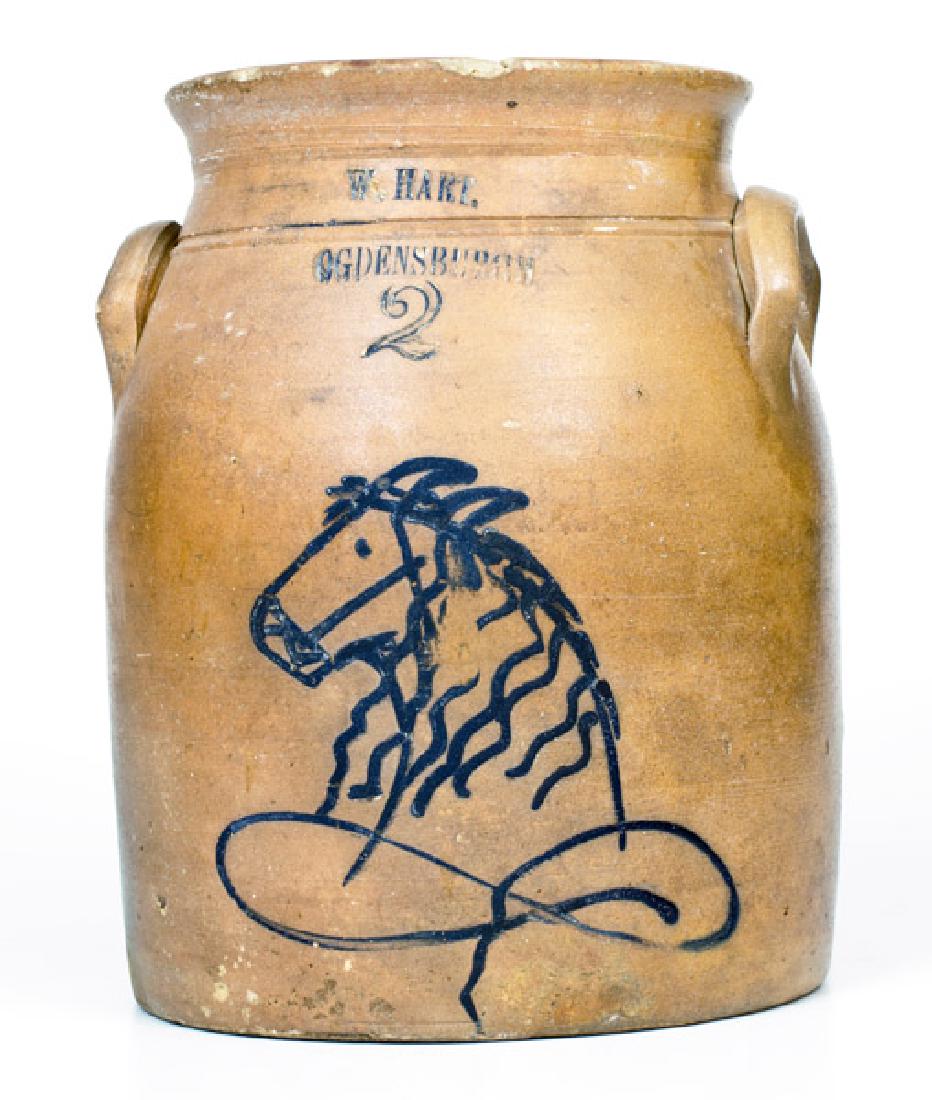 Rare W. HART / OGDENSBURGH Stoneware Jar w/ Horse Head: Scarce Two-Gallon Stoneware Jar with Cobalt Horse Head Decoration, Stamped "W. HART / OGDENSBURGH", NY State origin, circa 1860, cylindrical jar with tooled shoulder, flared rim, and applied lug handl