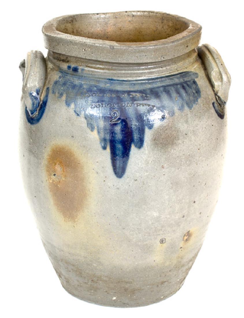 Rare SOLOMON BELL (Winchester, VA) Stoneware Jar with: Rare Two-Gallon Cobalt-Decorated Stoneware Jar, Stamped Twice "SOLOMON BELL", Winchester, VA origin, circa 1840, ovoid jar with tooled shoulder, squared rim, and large extruded handles, decorated on t