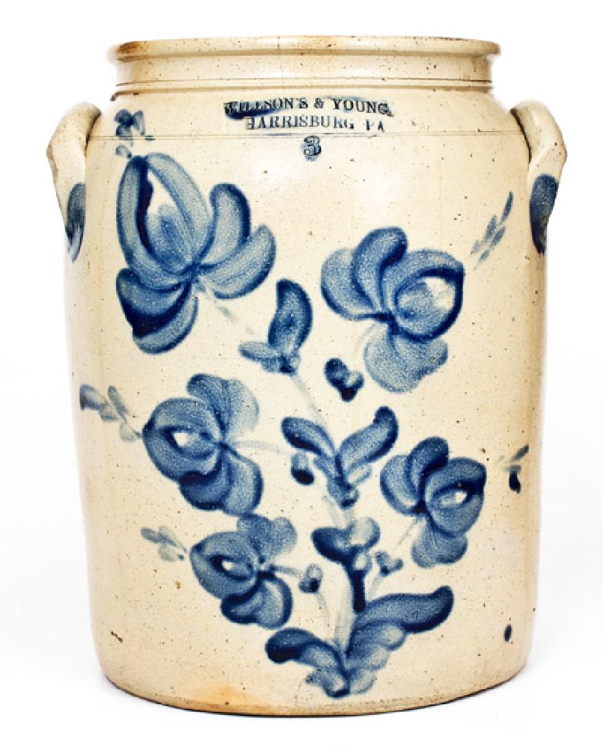 Very Fine WILLSON'S & YOUNG / HARRISBURG, PA Stoneware: Exceptional Three-Gallon Stoneware Jar with Elaborate Cobalt Floral Decoration, Stamped "WILLSON'S & YOUNG / HARRISBURG, PA", circa 1855, cylindrical jar with tooled shoulder, semi-squared rim molding