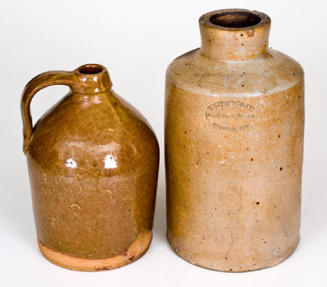 Lot of Two: SMITH & DAY / NORWALK, CT Oyster Jar,: Two Pieces of New England Pottery, mid 19th century, a cylindrical redware jug with tapered spout and tannish lead glaze with iron flecking; paired with a rare salt-gazed stoneware oyster jar, stamped