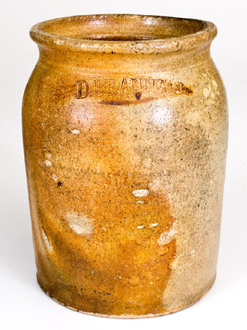 Rare D. BRANNAN, Oakland, CA Stoneware Jar: Rare One-Gallon Stoneware Jar with Brown Slip Decoration, Stamped "D. BRANNAN", Oakland, CA, circa 1880, cylindrical jar with rounded shoulder and flared rim, the surface covered in a salt glaze and d
