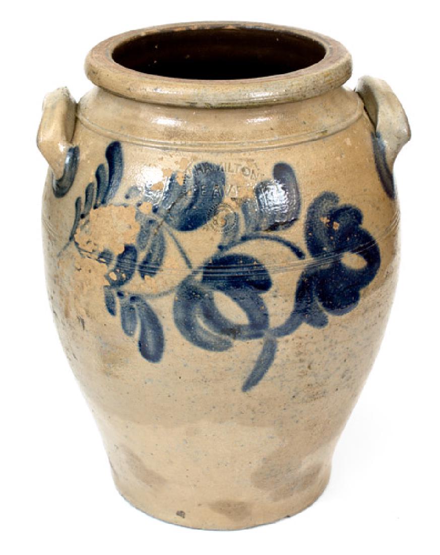 6 Gal. J. HAMILTON / BEAVER Stoneware Jar with Bold: Six-Gallon Stoneware Jar with Cobalt Floral Decoration, Stamped "J. HAMILTON / BEAVER", PA origin, circa 1850, ovoid jar with tooled accents to body and shoulder, semi-rounded rim, and thick lug handl