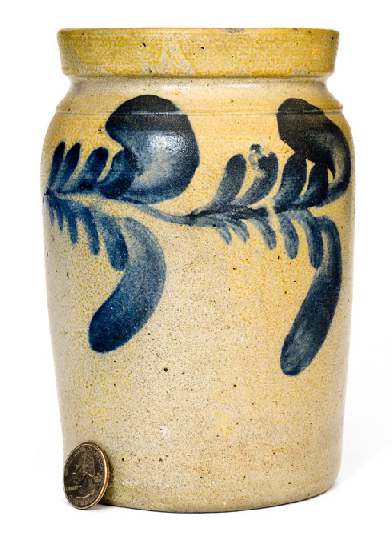 Quart-Sized Stoneware Jar, att. Richard Remmey,: Quart-Sized Cobalt-Decorated Stoneware Jar, attributed to Richard C. Remmey, Philadelphia, PA, circa 1875, small-sized, cylindrical jar with tooled shoulder and squared, rim decorated around the body