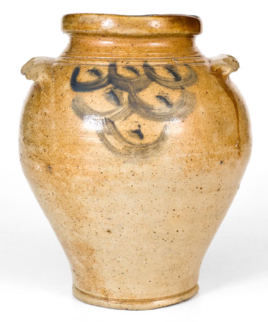 Rare 1/2 Gal. Stoneware Jar with Scalloped Handles att.: Rare and Fine Half-Gallon Cobalt-Decorated Stoneware Jar with Scalloped Handles, attributed to the Morgan and van Wickle Pottery, Old Bridge, NJ, circa 1805-1815, ovoid jar with narrow, footed base, t