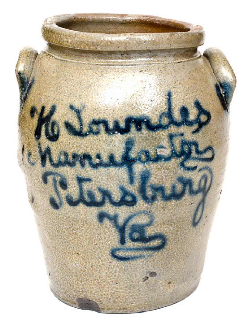 Rare "H. Loundes / Manufacturer / Petersburg, Va": Scarce One-Gallon Stoneware Jar with Cobalt Tree-of-Life Decoration, Inscribed "H. Lowndes / Manufacturer / Petersburg, Va", circa 1845, ovoid jar with tooled shoulder, semi-squared rim, and applied l