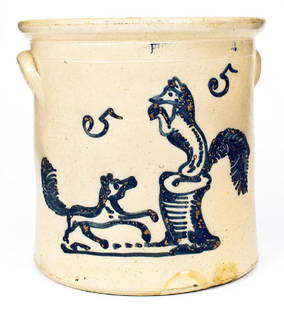 Outstanding HUBBELL & CHEESBRO / GEDDES, NY Crock w/: Outstanding Five-Gallon Stoneware Crock with Cobalt Decoration of a Dog Chasing a Fox, Stamped "HUBBELL & CHESEBRO / GEDDES, N.Y.", circa 1870, large-sized, cylindrical crock with tooled shoulder, sem