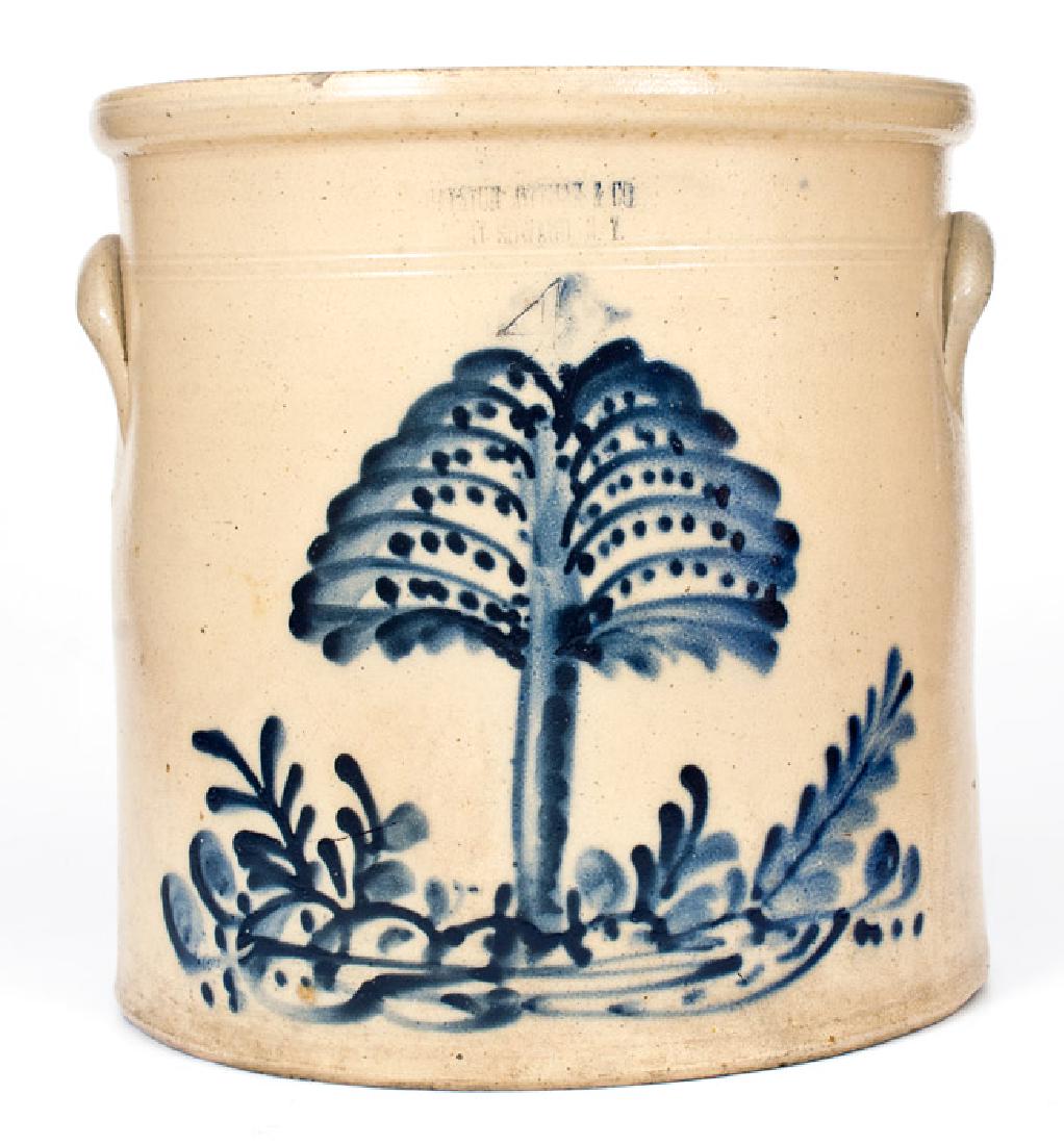 Scarce HAXSTUN, OTTMAN & CO. / FORT EDWARD. N.Y.: Scarce Four-Gallon Stoneware Crock with Cobalt Fruit Tree Decoration, Stamped "HAXSTUN, OTTMAN & CO. / FORT EDWARD N.Y.," circa 1867-1872, cylindrical crock with tooled shoulder, semi-rounded rim, and