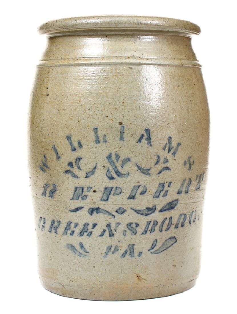 WILLIAMS & REPPERT / GREENSBORO, PA 1 Gal. Stoneware: One-Gallon Cobalt-Decorated Stoneware Jar, Stenciled "WILLIAMS / & / REPPERT / GREENSBORO, / PA", circa 1885, cylindrical jar with tooled shoulder and semi-rounded rim, featuring Williams & Reppert ma