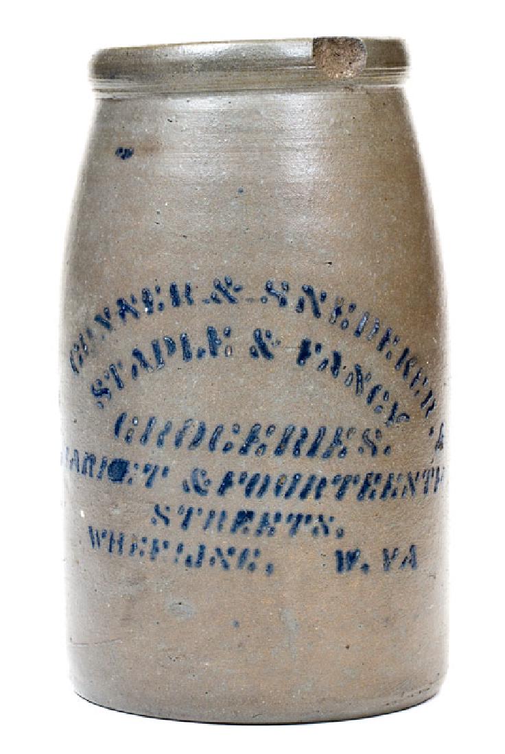 Fine GUNNER & SNEDEKER / WHEELING, W. VA Stoneware Wax: Cobalt-Decorated Stoneware Canning Jar with Wheeling, WV Advertising, Western PA origin, circa 1875, tapered jar with semi-rounded "wax sealer" rim, featuring the stenciled advertising "CONNNER & SNED