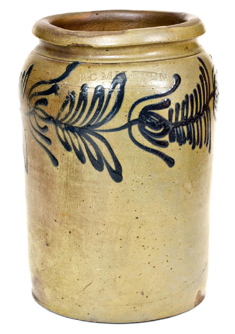 B. C. MILBURN, Alexandria, Virginia, Stoneware Jar w/: One-Gallon Stoneware Jar with Cobalt Floral Decoration, Stamped "B.C. MILBURN / ALEXA", Alexandria, VA origin, circa 1850, cylindrical jar with tooled shoulder and semi-rounded rim, decorated with an
