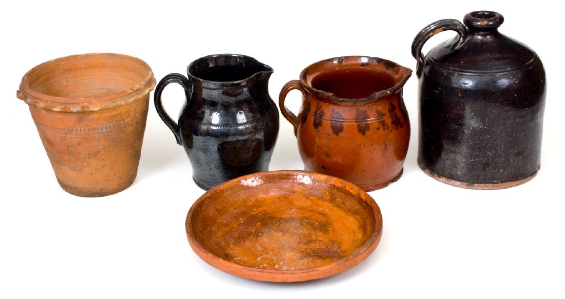 Lot of Five: New Jersey Redware incl. EAST LAKE POTTERY: Five Pieces of Redware, New Jersey origin, 19th century, a rare lead-glazed batter pitcher with sponged manganese decoration, stamped on underside "EAST LAKE POTTERY / Bridgeton, N.J."; a rare lead gl