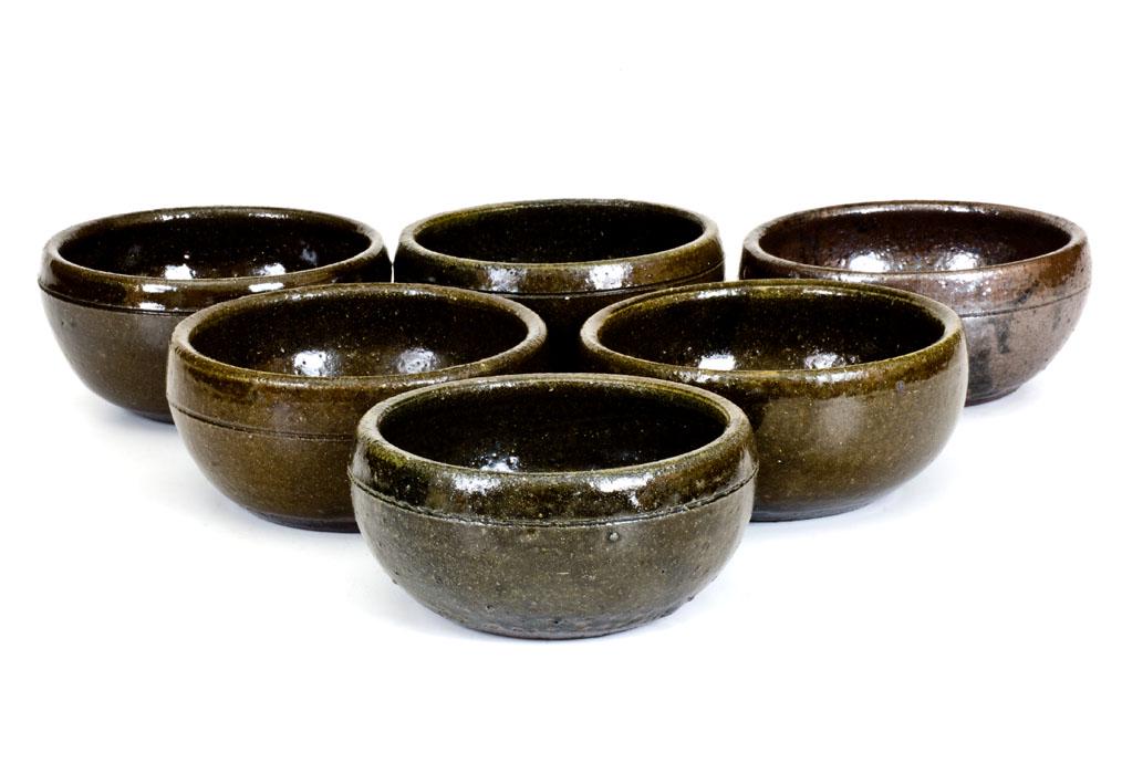 Six Alkaline-Glazed Stoneware Bowls, Signed Lanier: Six Small-Sized Alkaline-Glazed Stoneware Bowls, Signed "Lanier Meaders," Cleveland, GA origin, circa 1980, each of ovoid form with tooled shoulder and olive-colored alkaline glaze. Each incised with