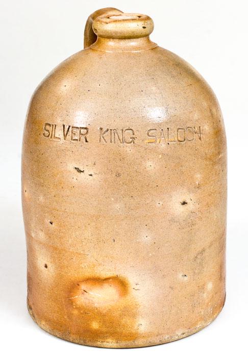 Rare "Silver King Saloon," San Antonio, Texas Stoneware: Rare One-Gallon Southern Stoneware Jug, Stamped "SILVER KING SALOON," attributed to George Suttles, La Vernia, Texas, late 19th century, cylindrical jug with rounded spout and salt-glazed surface, imp