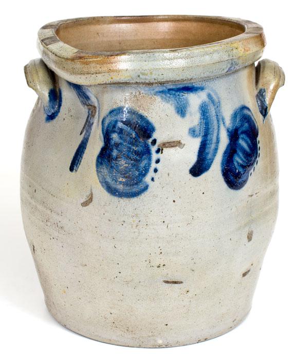 4 Gal. JOHN BELL / WAYNESBORO, PA Slumped Stoneware Jar: Four-Gallon Stoneware Jar with Cobalt Floral Decoration, Stamped "JOHN BELL / WAYNESBORO'," PA origin, circa 1850-1880, ovoid jar with semi-rounded and extruded lug handles, decorated on the front and