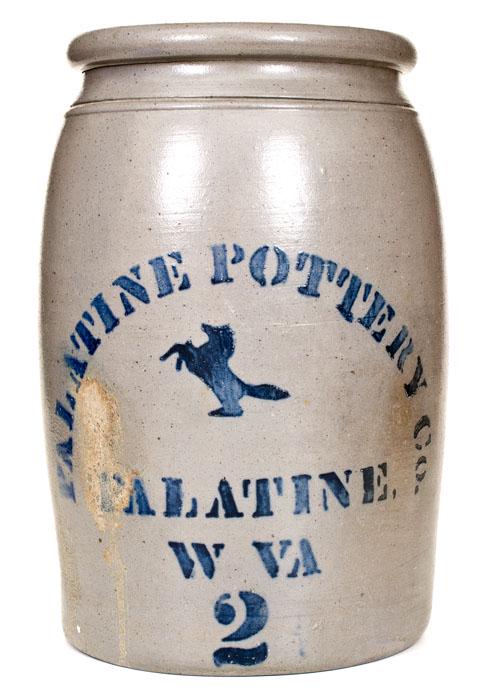 2 Gal. PALATINE POTTERY CO. / PALATINE, W VA Stoneware: Two-Gallon Cobalt-Decorated Stoneware Jar with Stenciled Horse Decoration, Stenciled "PALATINE POTTERY CO. / PALATINE / W. VA," circa 1875, cylindrical crock with tooled shoulder and semi-rounded rim,